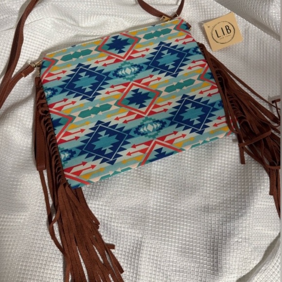 Handbags - Aztec Pattern Fringe Crossbody Bag